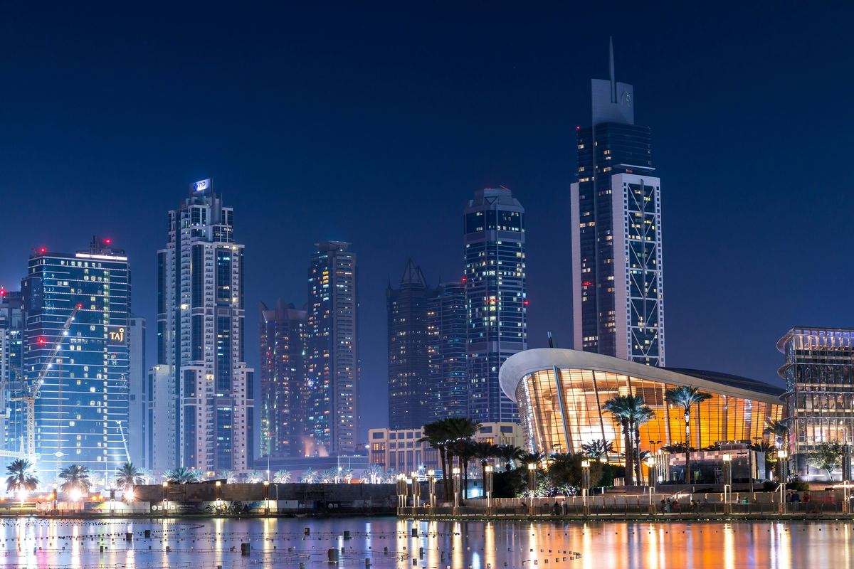 Dubai Opera district at night